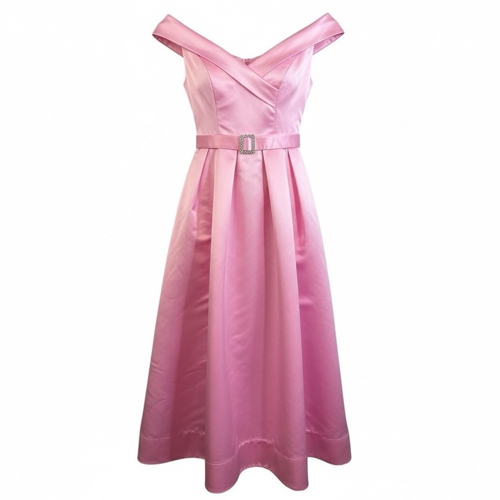 Faeriesty Blush Pink Off Shoulder Satin Midi Dress XL‎ Rhinestone Belt NWT